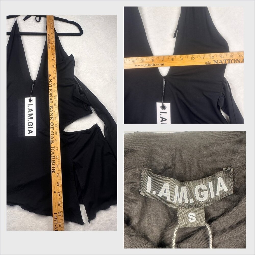 I.A.M.GIA Cecelia Black Halter Mini Dress S Side Slits Feminine Whimsy Grunge - Picture 10 of 12